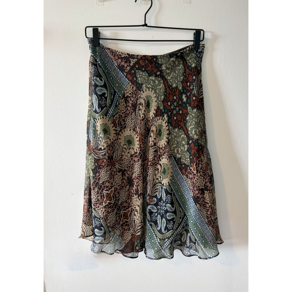 ALLISON TAYLOR Vintage 90s Chiffon Paisley Brown Green Mesh Midi Skirt Womens 4